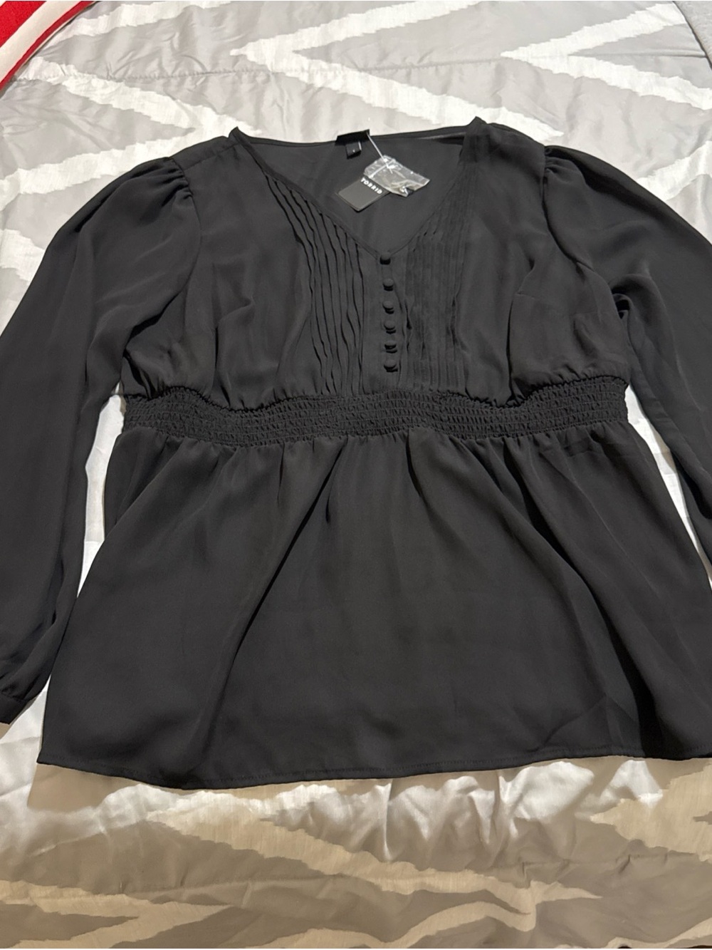 Black Long-Sleeve V-Neck Smocked Waist Blouse towards size 1 from torrid